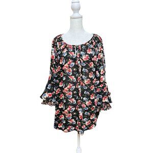 Chaps Floral Blouse XL Black Boho Peasant Ruffle Sleeve Pleated Top